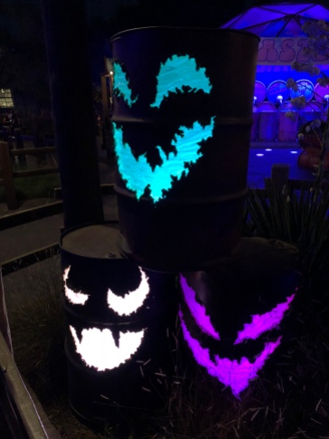 Barrel jack o lanterns in Cars Land during Halloween Time 2018 at Disney California Adventure