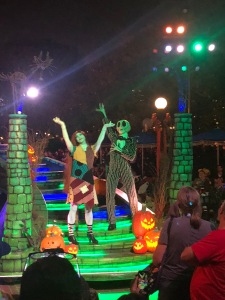 Jack and Sally from the Nightmare Before Christmas on their float during the parade for Mickey's Halloween Party during Halloween Time at Disneyland 2018